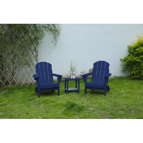 Folding Adirondack Chair with Side Table, 3-Piece Adirondack Chair Set with Wood Texture, Navy Blue(includes 2 Chairs and 1 Table)
