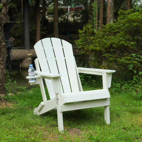 Folding Adirondack Chair with Dual Cup Holder - Composite Adirondack Chair with Wood Texture- White