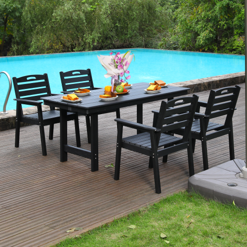 outdoor patio dining set, one table and four chairs. The outdoor dining furniture has sunshade holes and is suitable. It is suitable for lawns, gardens, backyards, and pool sides.Black