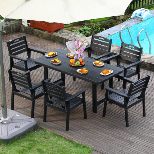 outdoor patio dining set, one table and six chairs. The outdoor dining furniture has sunshade holes and is suitable. It is suitable for lawns, gardens, backyards, and pool sides.Black,Waterproof