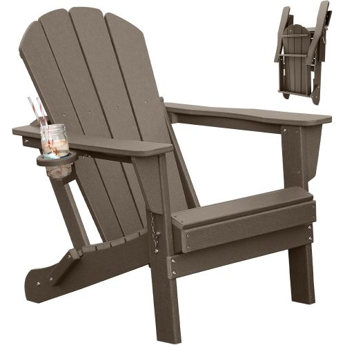 Adirondack Chair, Plastic Adirondack Chairs, HDPE Adirondack Chair, Folding Adirondack Chairs,Outdoor Chairs with Cup Holder for Lawn Patio Deck Fire Pit -Brown