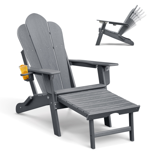 Folding Outdoor Adirondack Chair with Ottoman,HDPE All-weather Folding Fire Pit Chair, Ergonomic Design Patio Lawn Chair for Outside Deck Garden Backyardf Balcony,Grey