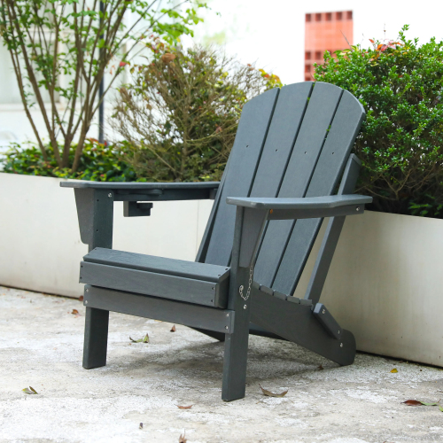Folding Adirondack Chair with Dual Cup Holder - Composite Adirondack Chair with Wood Texture- Gray